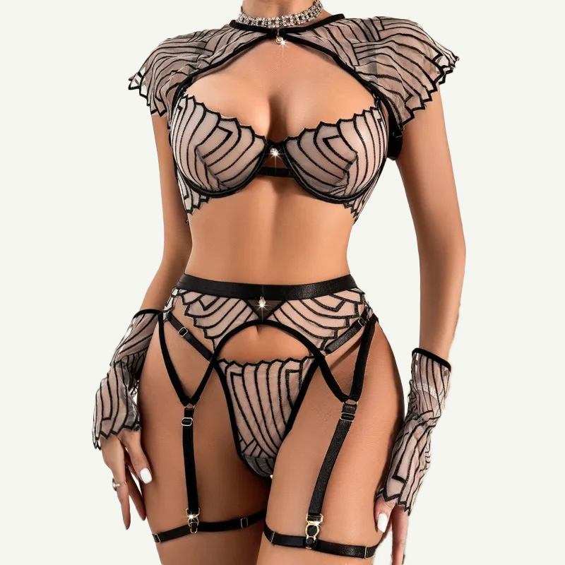 Women's Black Geometric Embroi - đánh giá và giá Garter Belt Set